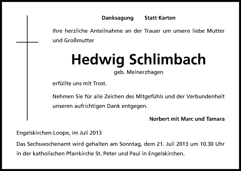  Traueranzeige für Hedwig Schlimbach vom 06.07.2013 aus Kölner Stadt-Anzeiger / Kölnische Rundschau / Express