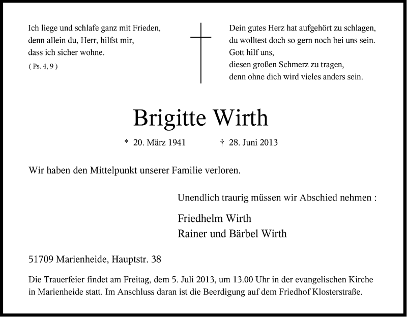  Traueranzeige für Brigitte Wirth vom 03.07.2013 aus Kölner Stadt-Anzeiger / Kölnische Rundschau / Express