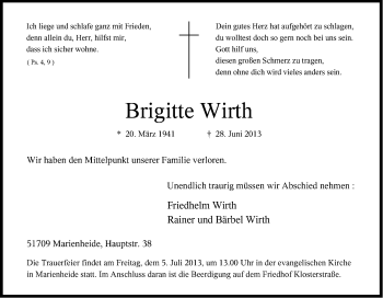 Anzeige von Brigitte Wirth von Kölner Stadt-Anzeiger / Kölnische Rundschau / Express