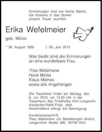 Anzeige von Erika Wefelmeier von Kölner Stadt-Anzeiger / Kölnische Rundschau / Express
