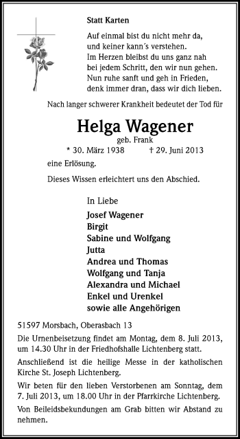 Anzeige von Helga Wagener von Kölner Stadt-Anzeiger / Kölnische Rundschau / Express