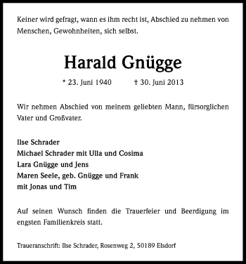 Anzeige von Harald Gnügge von Kölner Stadt-Anzeiger / Kölnische Rundschau / Express