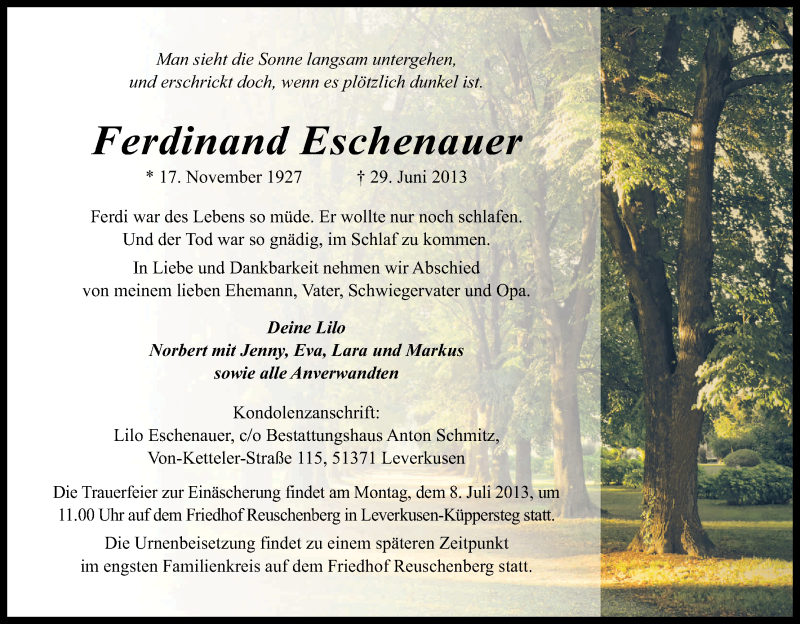  Traueranzeige für Ferdinand Eschenauer vom 03.07.2013 aus Kölner Stadt-Anzeiger / Kölnische Rundschau / Express