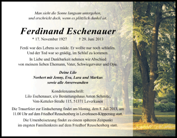 Anzeige von Ferdinand Eschenauer von Kölner Stadt-Anzeiger / Kölnische Rundschau / Express