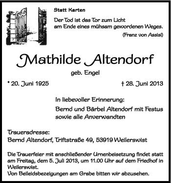 Anzeige von Mathilde Altendorf von Kölner Stadt-Anzeiger / Kölnische Rundschau / Express