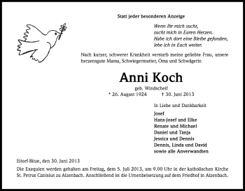 Anzeige von Anni Koch von Kölner Stadt-Anzeiger / Kölnische Rundschau / Express