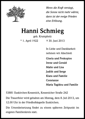 Anzeige von Hanni Schmieg von Kölner Stadt-Anzeiger / Kölnische Rundschau / Express