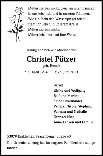 Anzeige von Christel Pützer von Kölner Stadt-Anzeiger / Kölnische Rundschau / Express