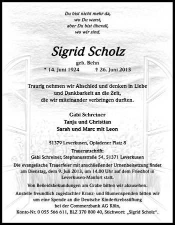 Anzeige von Sigrid Scholz von Kölner Stadt-Anzeiger / Kölnische Rundschau / Express