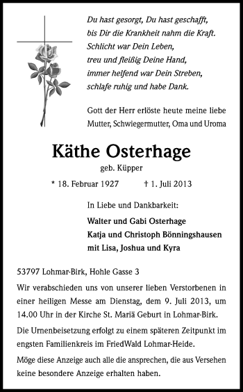 Anzeige von Käthe Osterhage von Kölner Stadt-Anzeiger / Kölnische Rundschau / Express