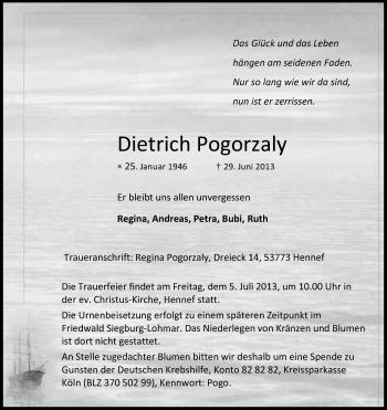 Anzeige von Dietrich Pogorzaly von Kölner Stadt-Anzeiger / Kölnische Rundschau / Express