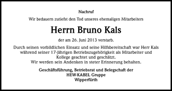 Anzeige von Bruno Kals von Kölner Stadt-Anzeiger / Kölnische Rundschau / Express
