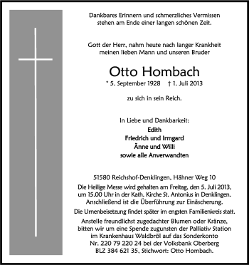 Anzeige von Otto Hombach von Kölner Stadt-Anzeiger / Kölnische Rundschau / Express
