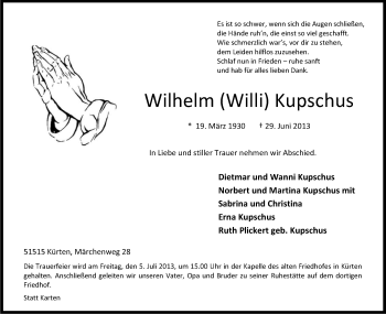 Anzeige von Wilhelm Kupschus von Kölner Stadt-Anzeiger / Kölnische Rundschau / Express