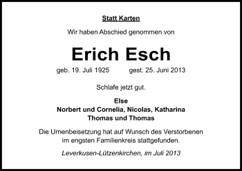 Anzeige von Erich Esch von Kölner Stadt-Anzeiger / Kölnische Rundschau / Express