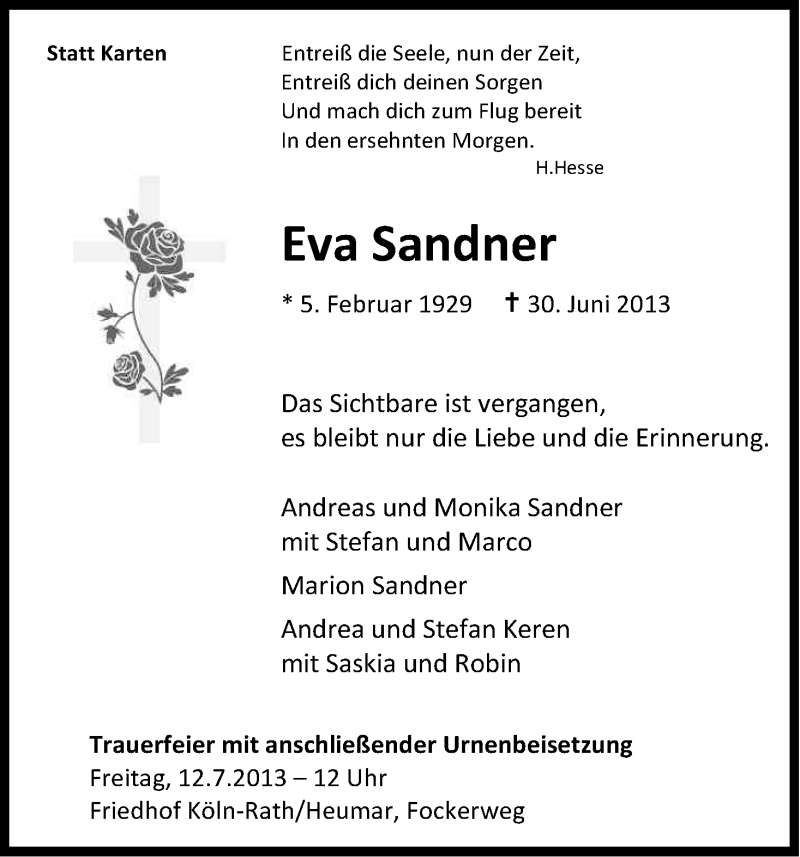  Traueranzeige für Eva Sandner vom 06.07.2013 aus Kölner Stadt-Anzeiger / Kölnische Rundschau / Express
