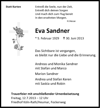 Anzeige von Eva Sandner von Kölner Stadt-Anzeiger / Kölnische Rundschau / Express