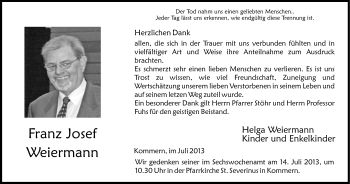 Anzeige von Franz Josef Weiermann von Kölner Stadt-Anzeiger / Kölnische Rundschau / Express