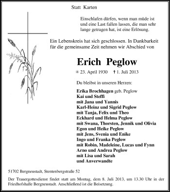 Anzeige von Erich Peglow von Kölner Stadt-Anzeiger / Kölnische Rundschau / Express