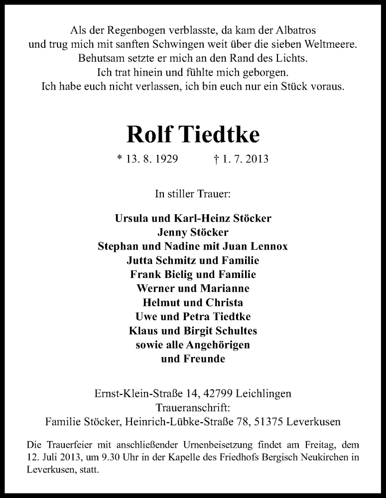  Traueranzeige für Rolf Tiedtke vom 06.07.2013 aus Kölner Stadt-Anzeiger / Kölnische Rundschau / Express