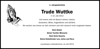 Anzeige von Trude Wuttke von Kölner Stadt-Anzeiger / Kölnische Rundschau / Express