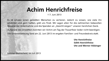 Anzeige von Achim Heinrichfreise von Kölner Stadt-Anzeiger / Kölnische Rundschau / Express