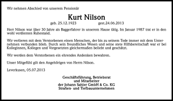 Anzeige von Kurt Nilson von Kölner Stadt-Anzeiger / Kölnische Rundschau / Express