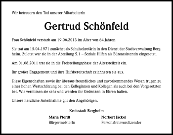Anzeige von Gertrud Schönfeld von Kölner Stadt-Anzeiger / Kölnische Rundschau / Express