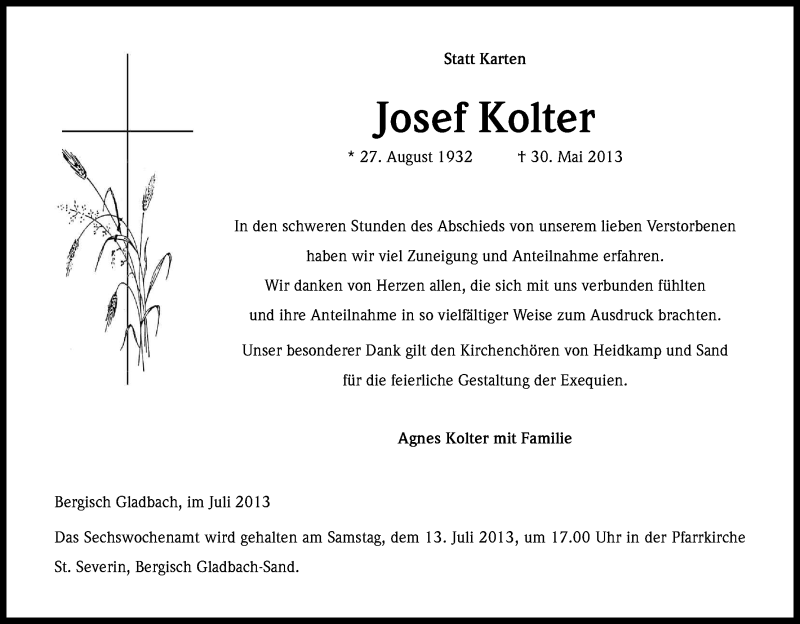  Traueranzeige für Josef Kolter vom 06.07.2013 aus Kölner Stadt-Anzeiger / Kölnische Rundschau / Express