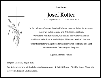 Anzeige von Josef Kolter von Kölner Stadt-Anzeiger / Kölnische Rundschau / Express