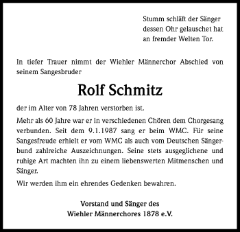 Anzeige von Rolf Schmitz von Kölner Stadt-Anzeiger / Kölnische Rundschau / Express