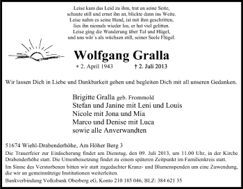 Anzeige von Wolfgang Gralla von Kölner Stadt-Anzeiger / Kölnische Rundschau / Express