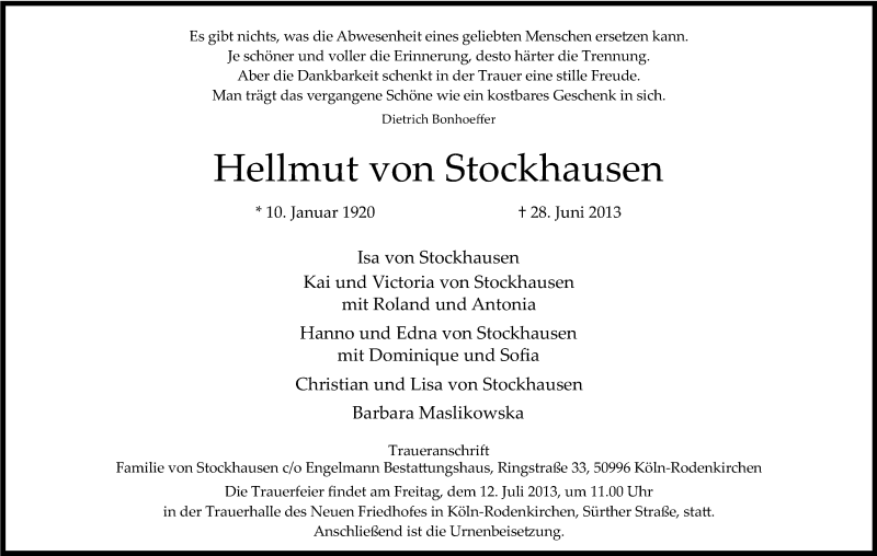  Traueranzeige für Helmut von Stockhausen vom 06.07.2013 aus Kölner Stadt-Anzeiger / Kölnische Rundschau / Express