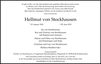 Anzeige von Helmut von Stockhausen von Kölner Stadt-Anzeiger / Kölnische Rundschau / Express