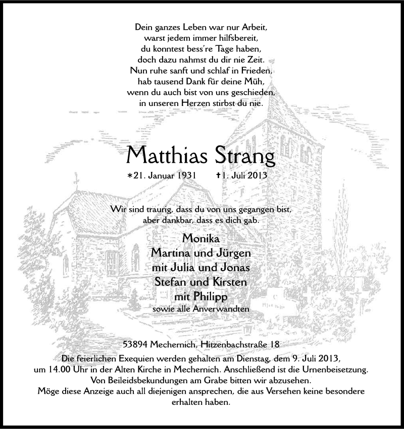  Traueranzeige für Matthias Strang vom 05.07.2013 aus Kölner Stadt-Anzeiger / Kölnische Rundschau / Express