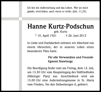 Anzeige von Theresia Kurtz-Podschun von Kölner Stadt-Anzeiger / Kölnische Rundschau / Express