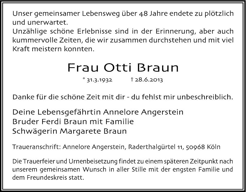 Traueranzeige für Otti Braun vom 06.07.2013 aus Kölner Stadt-Anzeiger / Kölnische Rundschau / Express