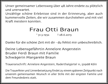 Anzeige von Otti Braun von Kölner Stadt-Anzeiger / Kölnische Rundschau / Express