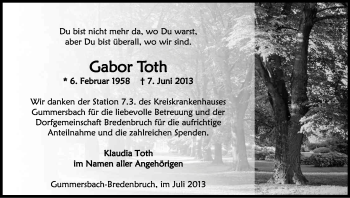 Anzeige von Gabor Toth von Kölner Stadt-Anzeiger / Kölnische Rundschau / Express