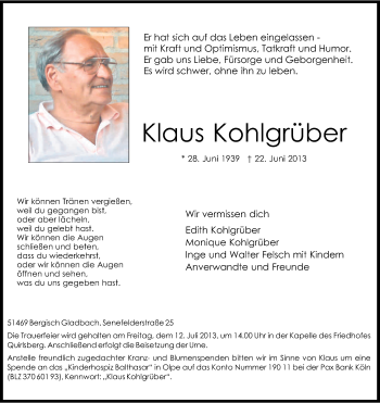 Anzeige von Klaus Kohlgrüber von Kölner Stadt-Anzeiger / Kölnische Rundschau / Express