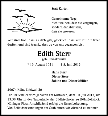 Anzeige von Edith Sterr von Kölner Stadt-Anzeiger / Kölnische Rundschau / Express