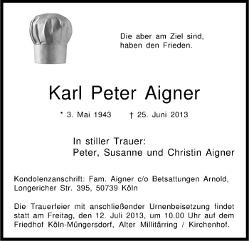 Anzeige von Karl Peter Aigner von Kölner Stadt-Anzeiger / Kölnische Rundschau / Express