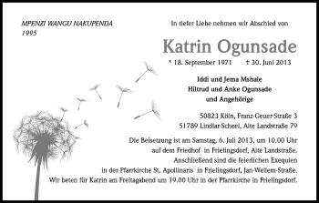 Anzeige von Katrin Ogunsade von Kölner Stadt-Anzeiger / Kölnische Rundschau / Express