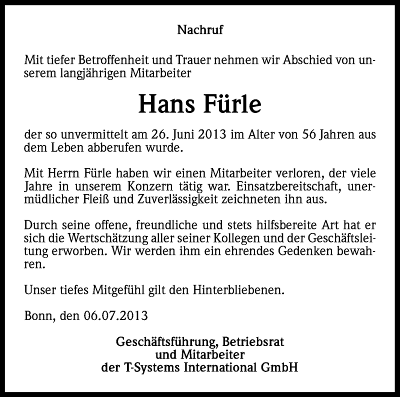  Traueranzeige für Hans Fürle vom 06.07.2013 aus Kölner Stadt-Anzeiger / Kölnische Rundschau / Express