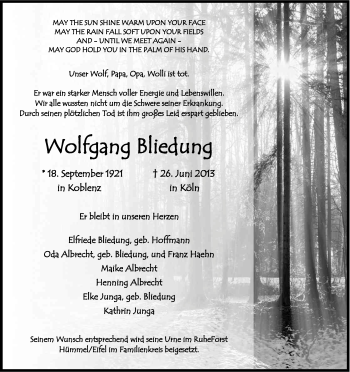 Anzeige von Wolfgang Bliedung von Kölner Stadt-Anzeiger / Kölnische Rundschau / Express