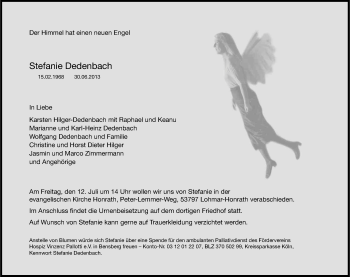 Anzeige von Stefanie Dedenbach von Kölner Stadt-Anzeiger / Kölnische Rundschau / Express