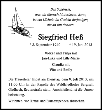 Anzeige von Siegfried Heß von Kölner Stadt-Anzeiger / Kölnische Rundschau / Express