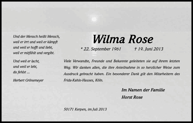  Traueranzeige für Wilma Rose vom 06.07.2013 aus Kölner Stadt-Anzeiger / Kölnische Rundschau / Express
