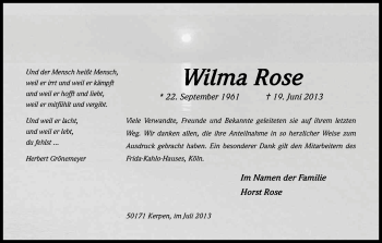 Anzeige von Wilma Rose von Kölner Stadt-Anzeiger / Kölnische Rundschau / Express
