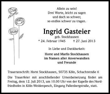 Anzeige von Ingrid Gasteier von Kölner Stadt-Anzeiger / Kölnische Rundschau / Express